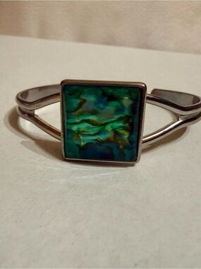 Abalone Inlay Silver Cuff Bracelet - Green Blue